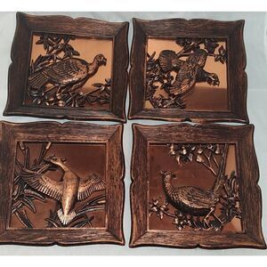 Lot of 4 1963 Vtg Bird Wall Pictures Copper Craft Guild 3D  Plaques Faux Wood Da